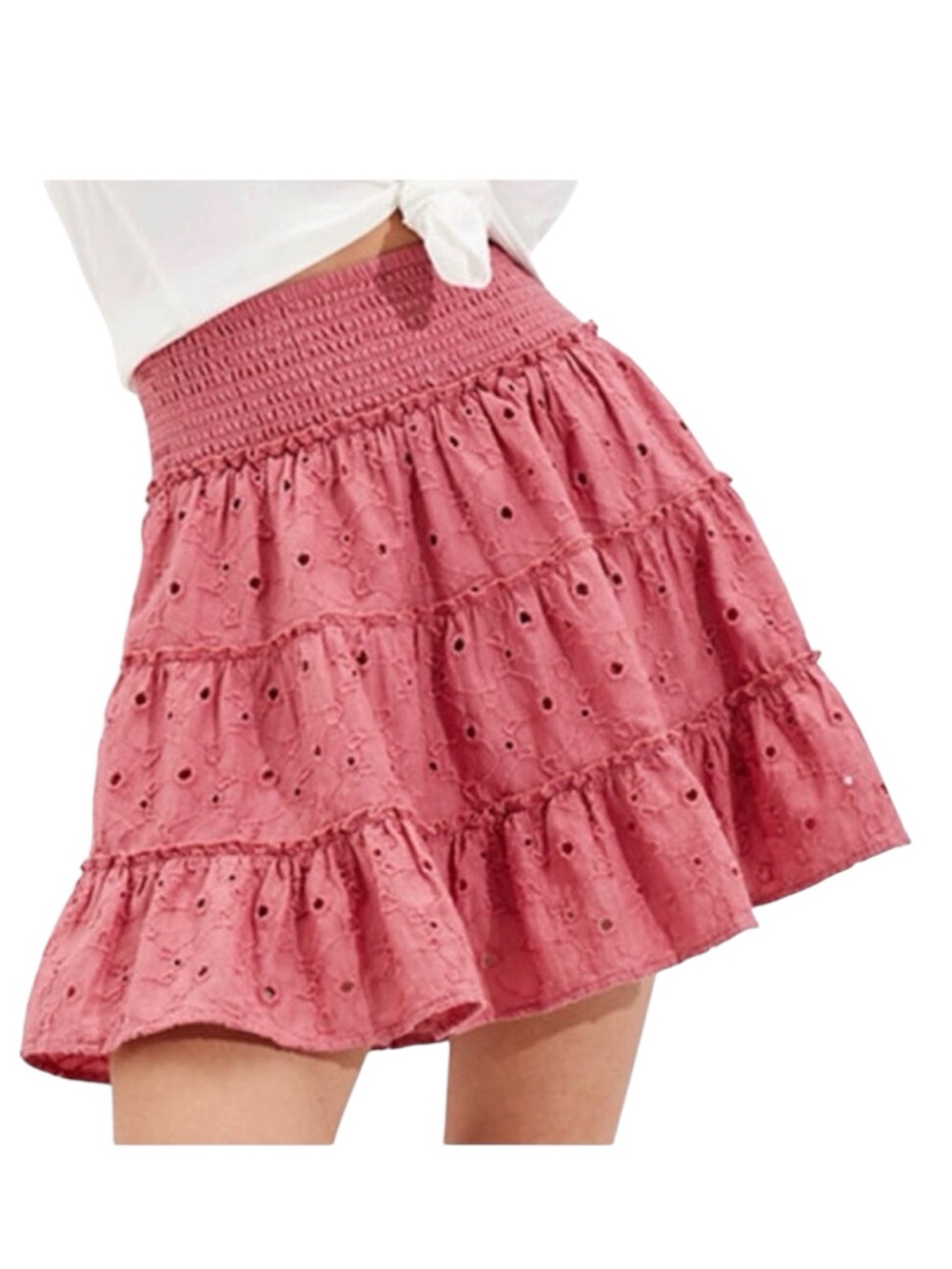 American Eagle pink tiered eyelet crocheted skirt sz XS smocked waist lined